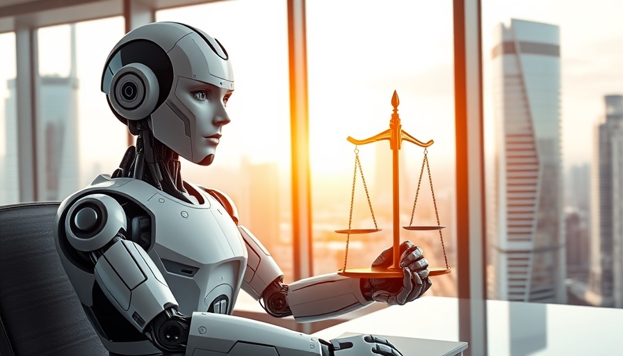 Futuristic robot with justice scales symbolizing digitalized justice and administration.