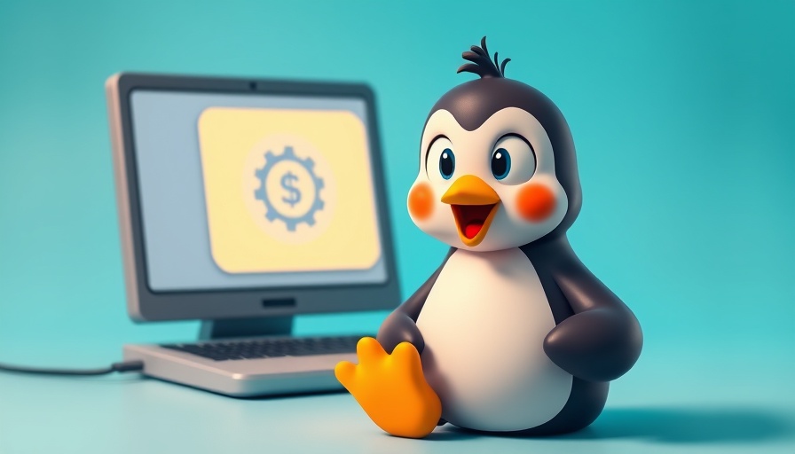 Cartoon penguin with surprised look beside a laptop showing an update icon.