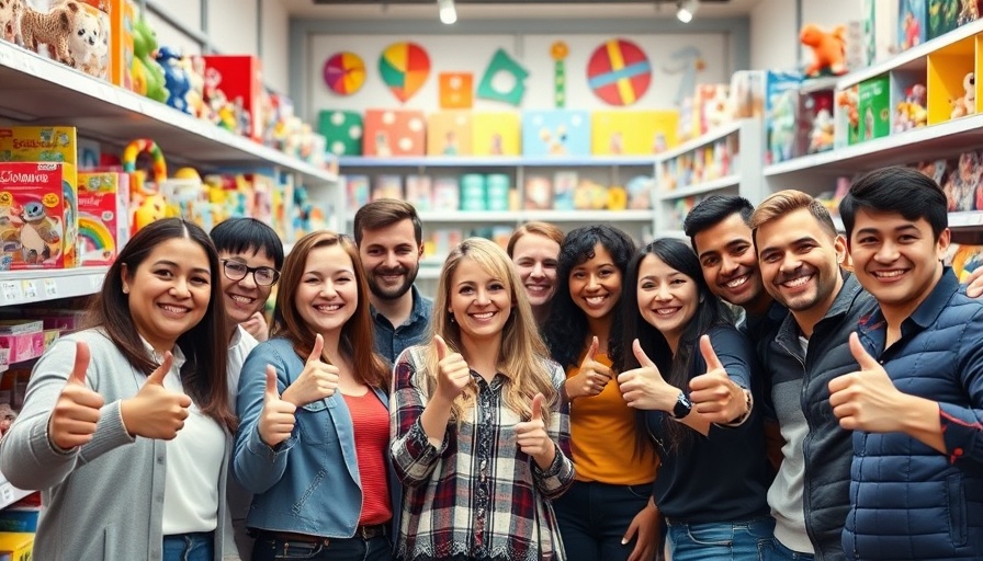 Trends im Spielzeugsektor: People in a toy store, smiling and positive.