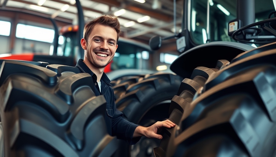 Junger Mechaniker wechselt Traktorreifen in einer Werkstatt.