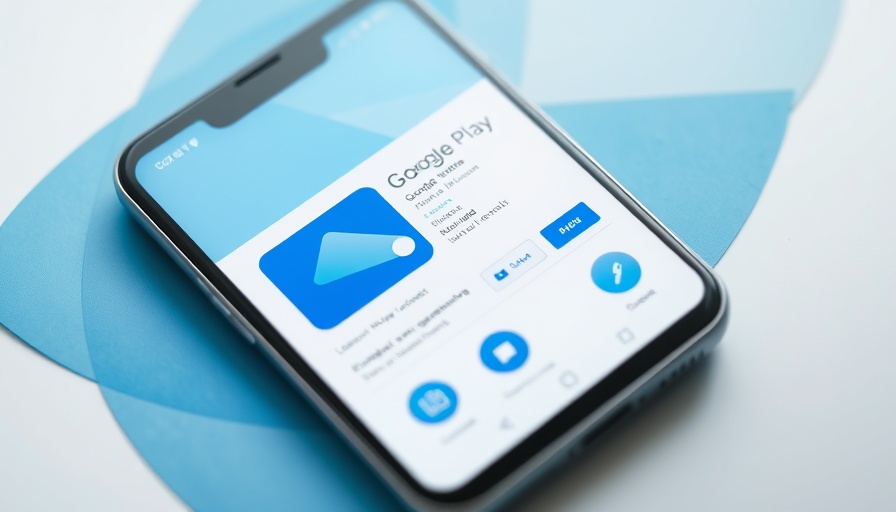Modern smartphone displaying Google Play Store app details, abstract blue background.