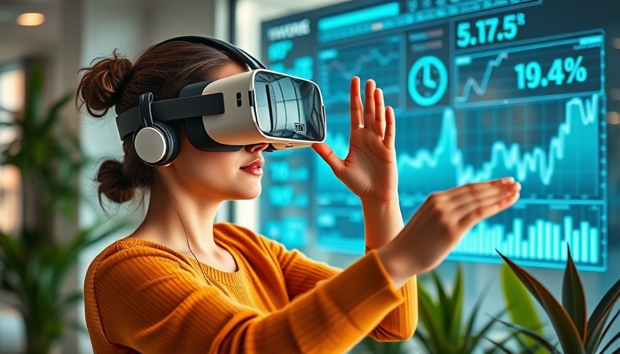 Woman using VR headset with virtual data charts in office.