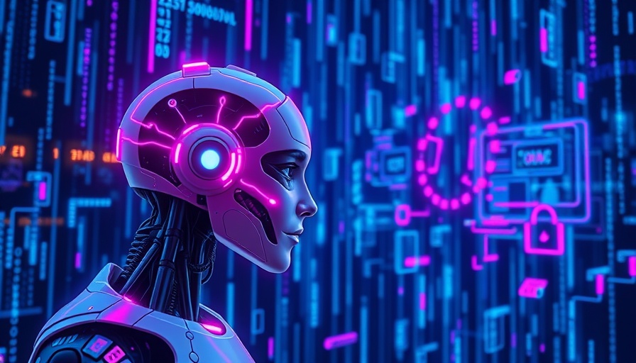 AI interacting securely within IT security digital matrix, bright neon theme.