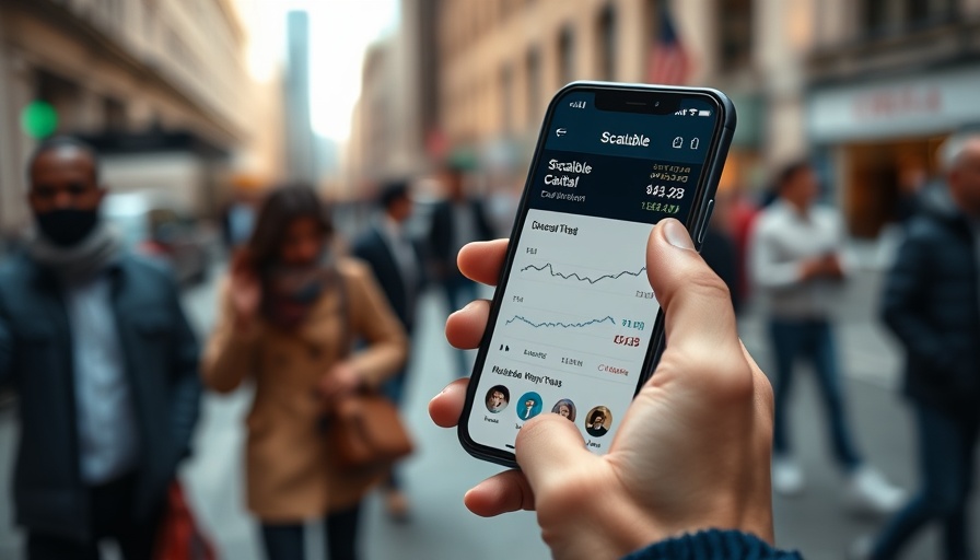 Hand holding smartphone displaying Scalable Capital app in urban setting.