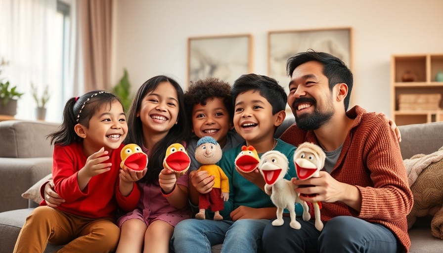 Family enjoying a puppet show in a modern living room.