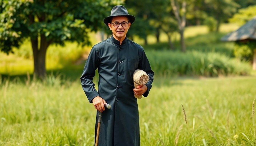 Traditional Wanderschaft attire on Föhr with green landscape.