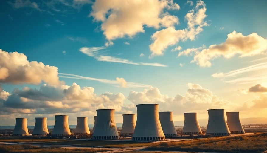 Scenic view of nuclear plant cooling towers at sunset.