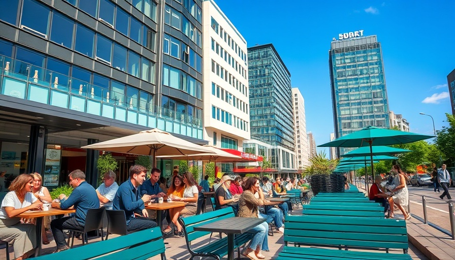 Mini-Manhattan am AEZ with modern café and buildings, daytime.