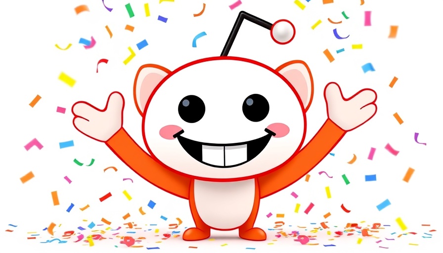 Adorable Reddit mascot celebrating success with confetti. Erfolg von Reddit.