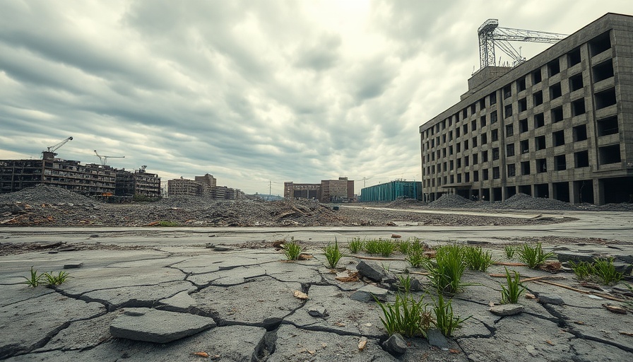 Holsten-Areal Schuttberge demolition site with rubble and old buildings under a cloudy sky.