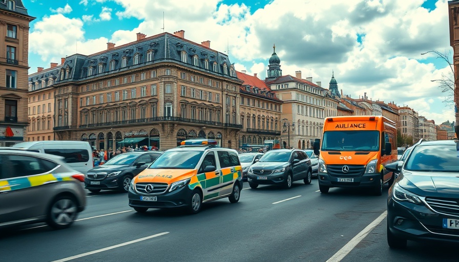 Traffic and ambulance on urban street in Flensburg.