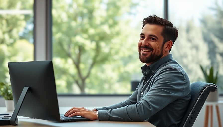 Man in office smiling, discussing Handyverbot an Schulen.