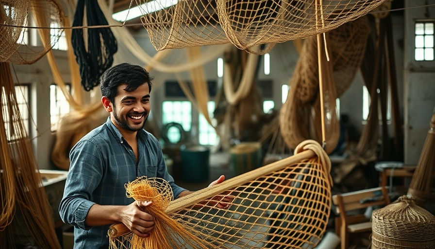 Rostocker Netzmanufaktur craftsman weaving net in vibrant workshop.
