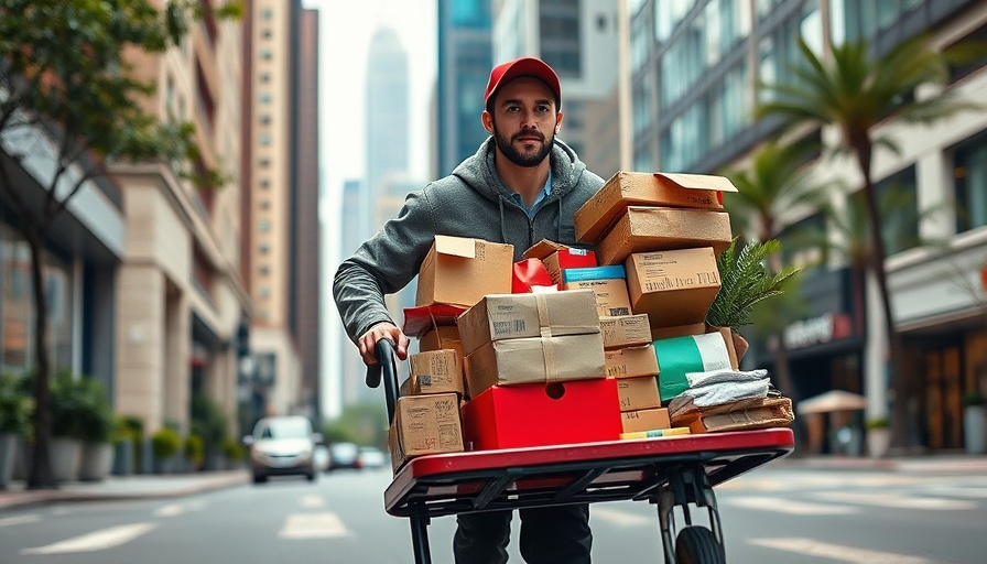 Online-Shops Deutschland Retouren Lieferung scene with delivery worker pushing cart.
