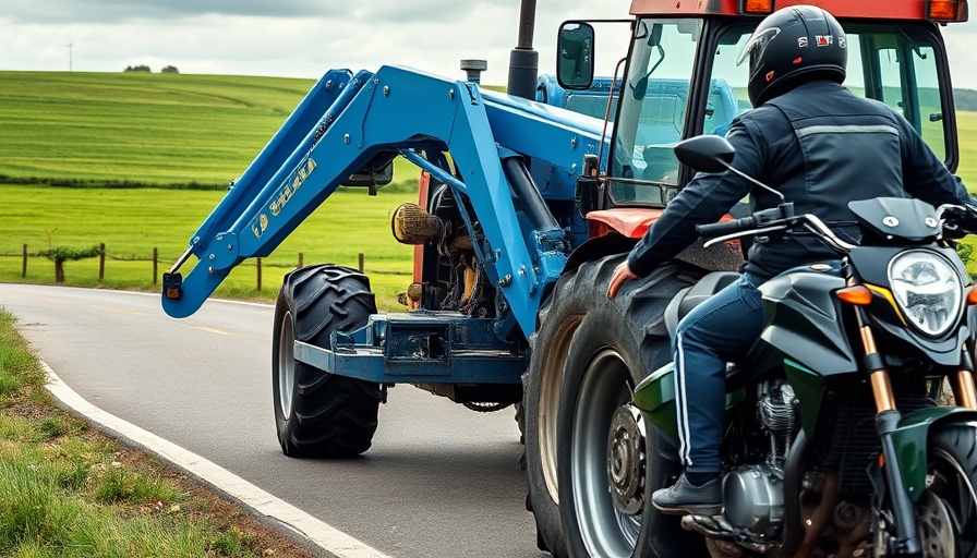 Tractor narrowly avoiding collision with motorcycle on rural road.