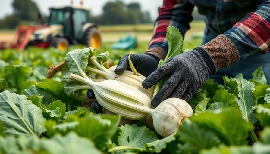 Farmer harvesting kohlrabi in a lush green field, close-up.