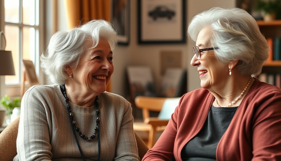 Two elderly women smiling and conversing in a warm setting, highlighting Demenz in der Familie.