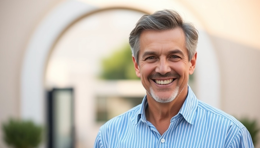 Smiling man standing outdoors, light blue striped shirt, warm ambiance.