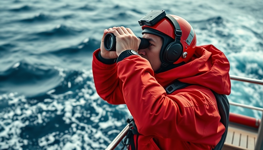 Windstärke 7 Seenotretter crew member using binoculars on the ocean.