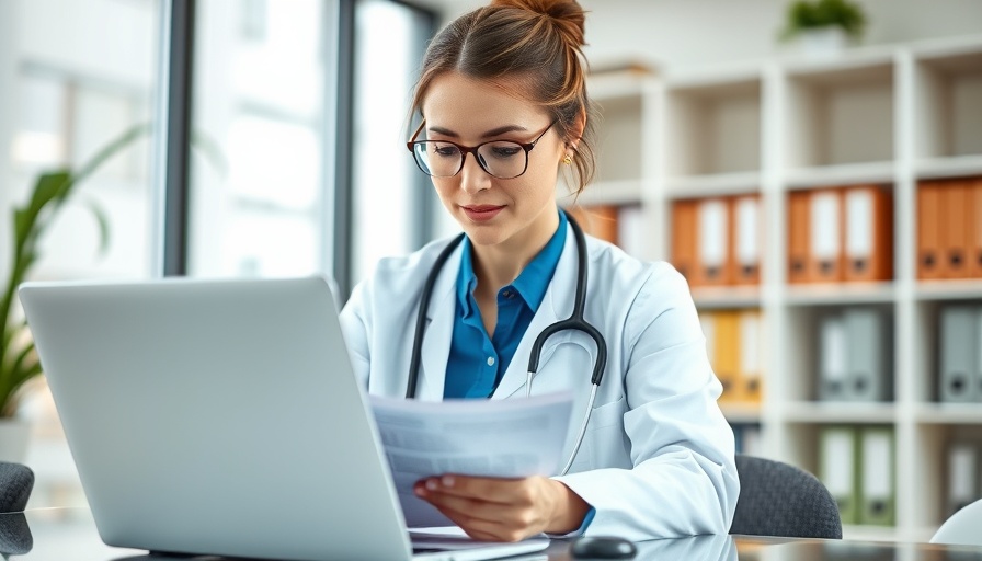 Doctor analyzing documents in digital healthcare setting.