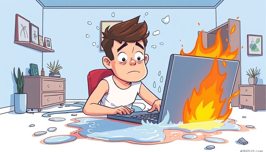 Cartoon illustration of man sweating over overheating laptop.