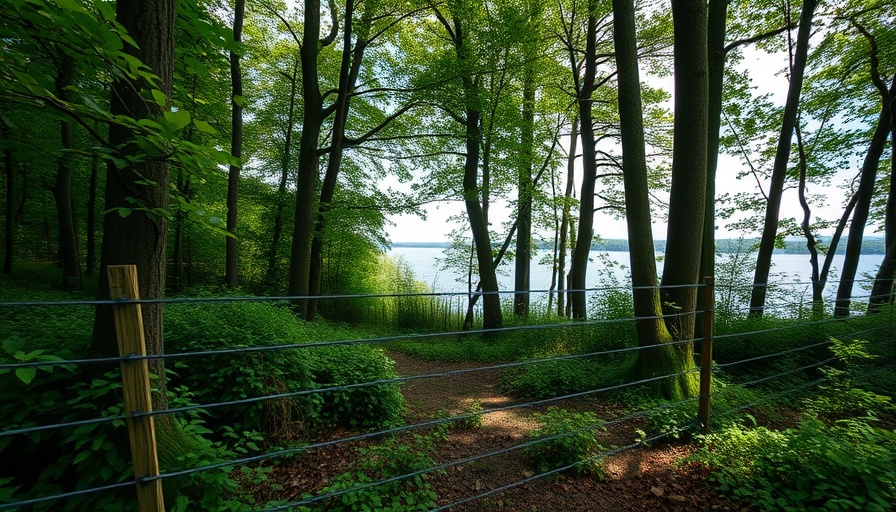 Zugang zur Schlei Streit: Barrier blocking path through lush forest.