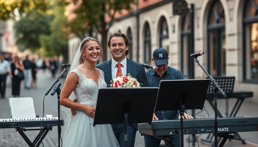 Happy wedding couple with musicians in Sylt street setting.