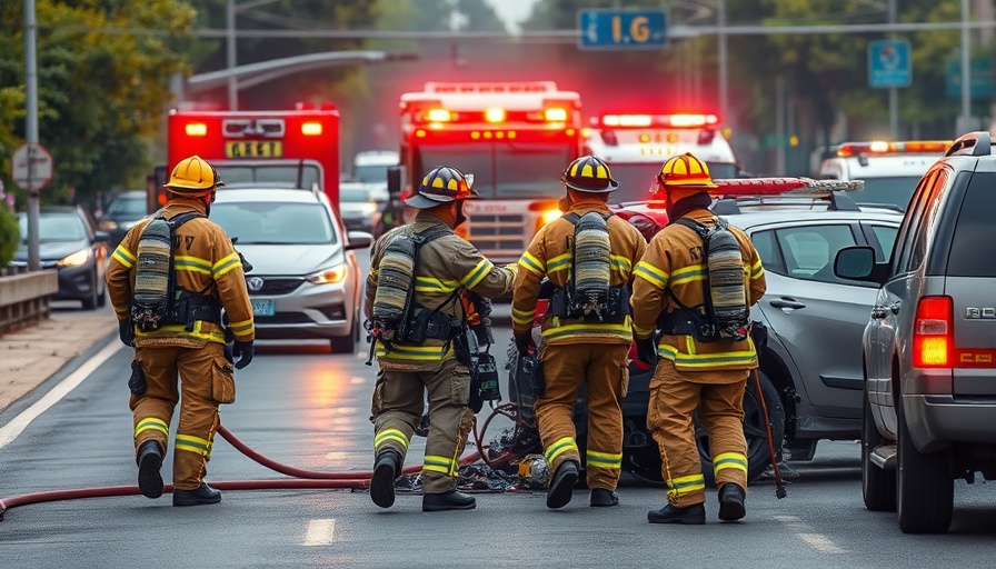 Firefighters handling a car crash scene; emphasizing Verkehrssicherheit für Familien.