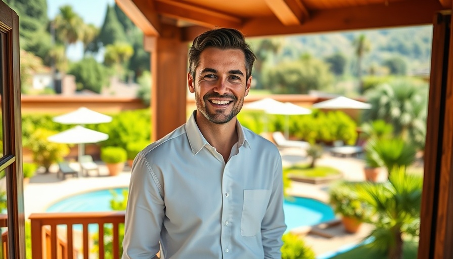 Smiling man at Vabali Spa garden, bright day.