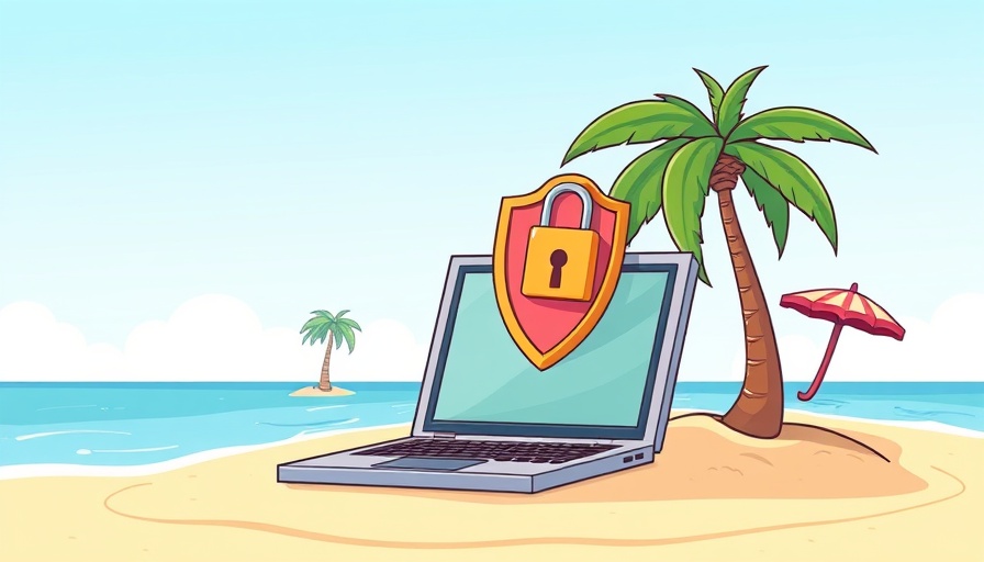 Cartoon laptop with cybersecurity symbols on beach. Datenschutz und Cybersicherheit im Urlaub.