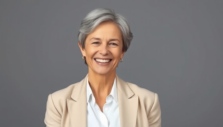 Smiling woman in beige blazer, studio portrait.
