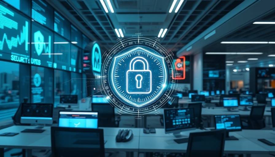 Modern office with digital security hologram themed on Registermodernisierung und Datenschutz.