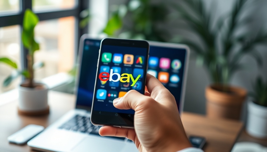 eBay logo on smartphone in front of laptop screen.