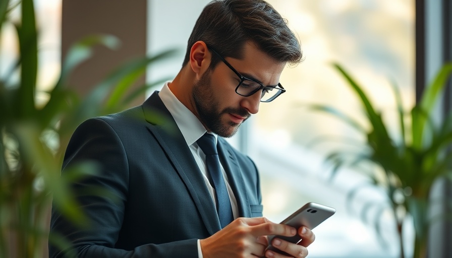 Businessman using smartphone, illustrating RCS-Messaging.