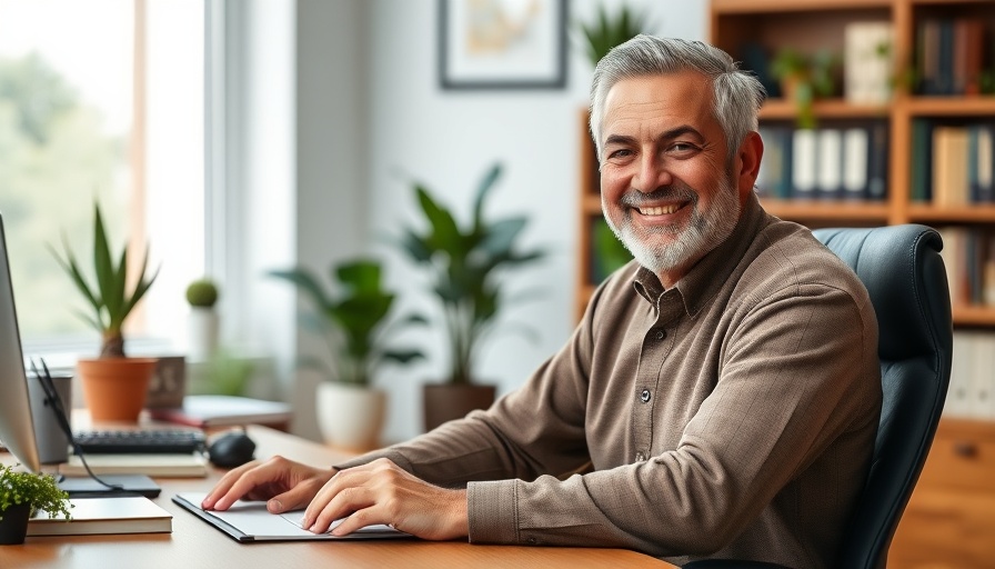 Middle-aged man smiling in office discussing Rücktritt Bürgermeister Trittau.