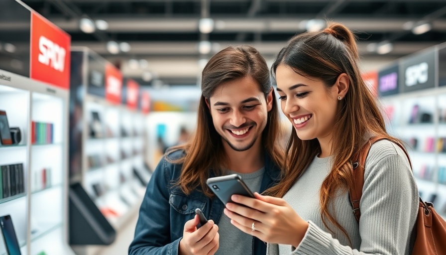 Young couple in electronics store exploring smartphones, Mobilfunkvertrag online abschließen.
