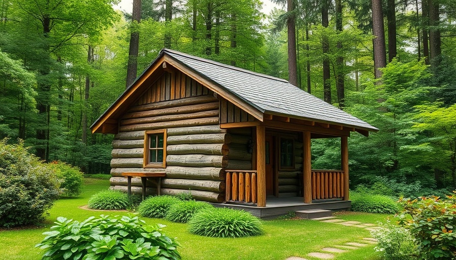 Rustic cabin in lush garden surrounded by trees.