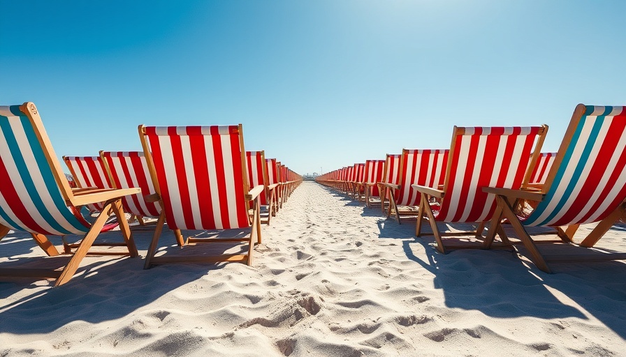 Neatly aligned beach chairs on a sunny beach with clear sky.