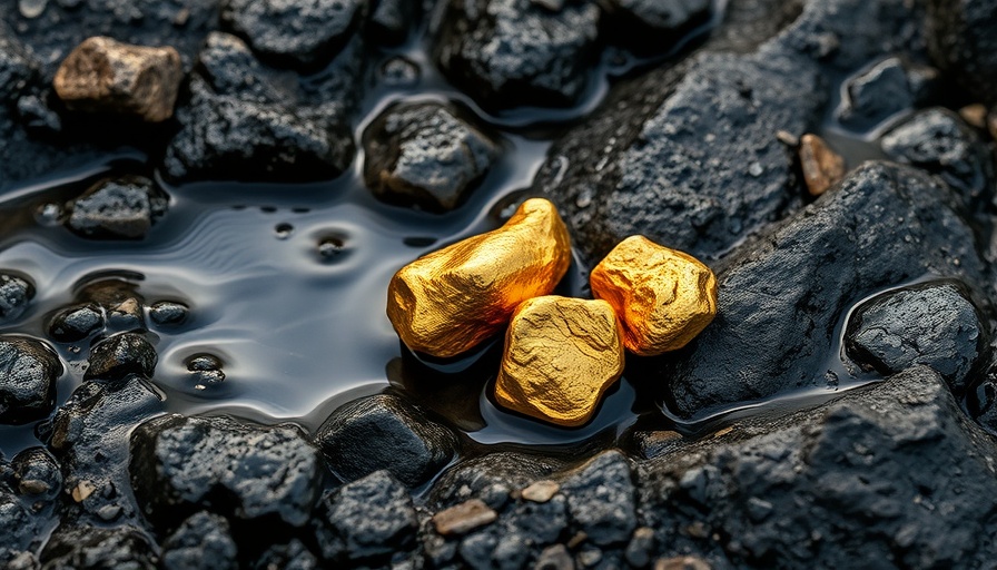 Natural gold nuggets on wet black rocks, Herkunft von Gold.