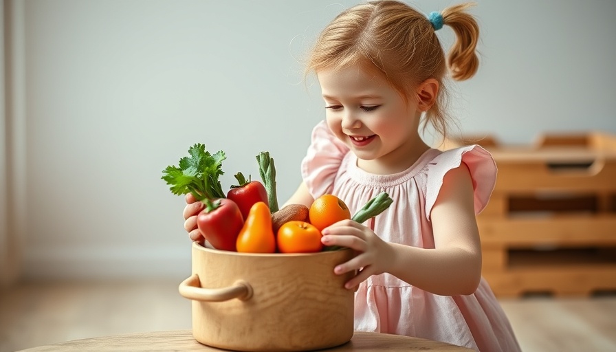 Girl playing with Kochtopf-Set by PlanToys, toy vegetables in a pot.