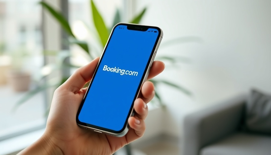 Close-up of Booking.com app on smartphone, modern indoor setting.