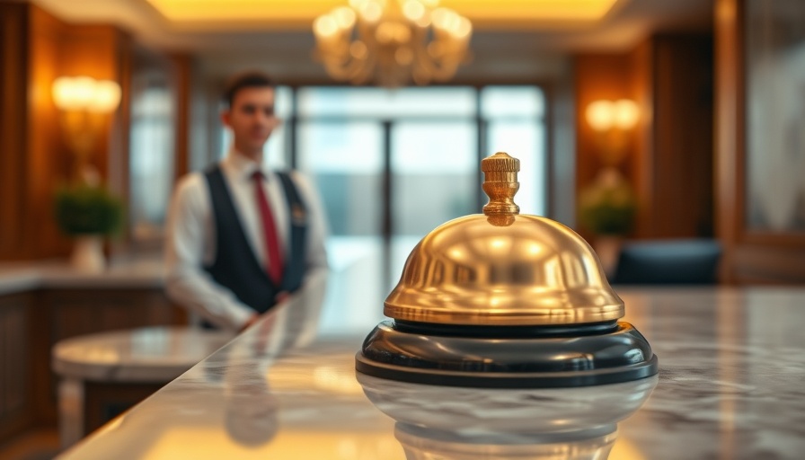 Hotel reception desk with bell, clerks in background, KI-Überwachung in Hotels.
