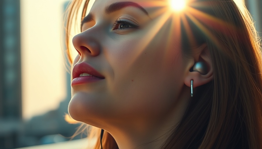 Close-up of a woman with Denon earbuds enjoying music, sunlight on face.