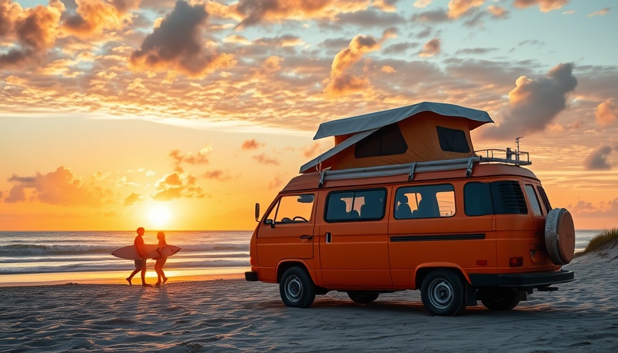 Vanlife für 299 Euro im Monat: Surfers and camper van at sunset beach.