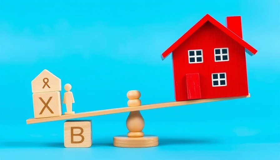 Wooden scale with house and family blocks, affordable housing concept.
