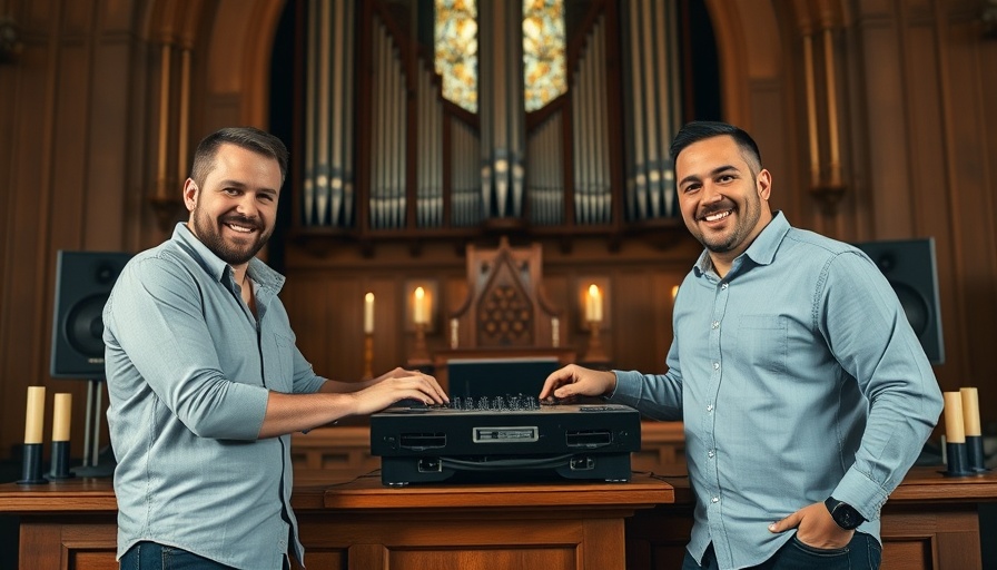 Techno-Party in der Kirche with two men and DJ equipment.