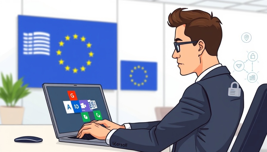 Cartoon businessman using laptop with Microsoft 365 Datenschutz focus, European Commission logo.