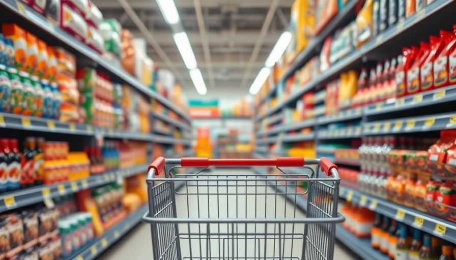 Shopping cart in supermarket aisle, Konsumlaune zum Schulstart environment.