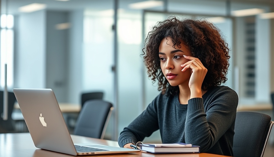 Young woman applying eye drops at a desk in office.
