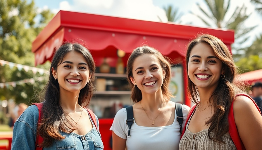 Kultlokale an der Ostsee: Smiling women by a red food stall under clear sky.